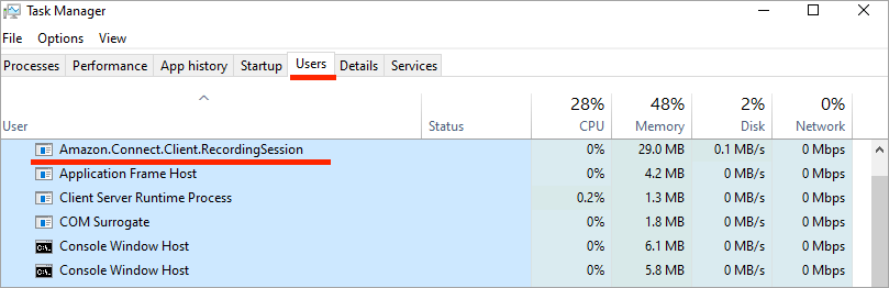 Windows Task Manager, Amazon.Connect.Client. RecordingSession proses.