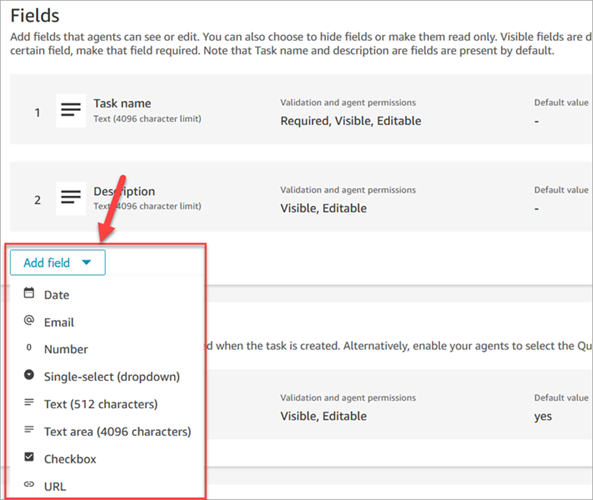 Halaman Buat template baru, bagian Bidang, daftar dropdown Tambahkan bidang.