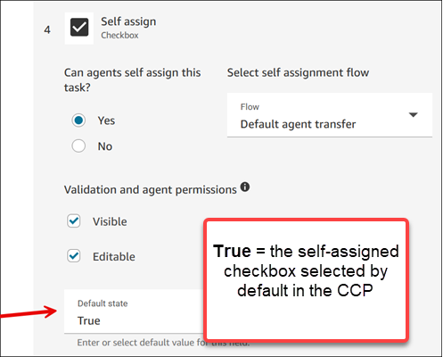 Bagian kotak centang Self assign, opsi status Default diatur ke True.