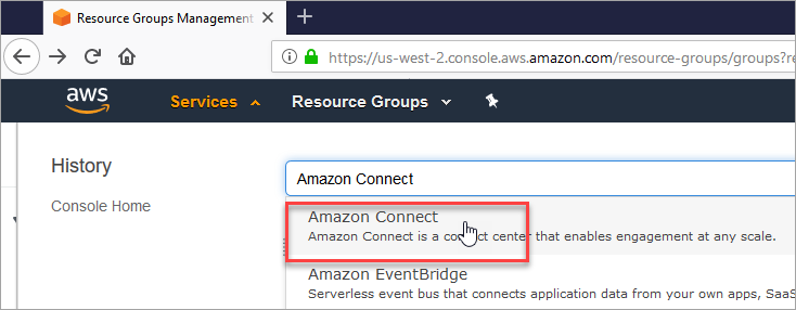 Kotak pencarian, Amazon Connect di daftar dropdown hasil.