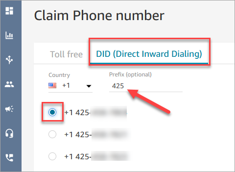 Halaman Klaim nomor telepon, DID (Direct Inward Dialing) tab.