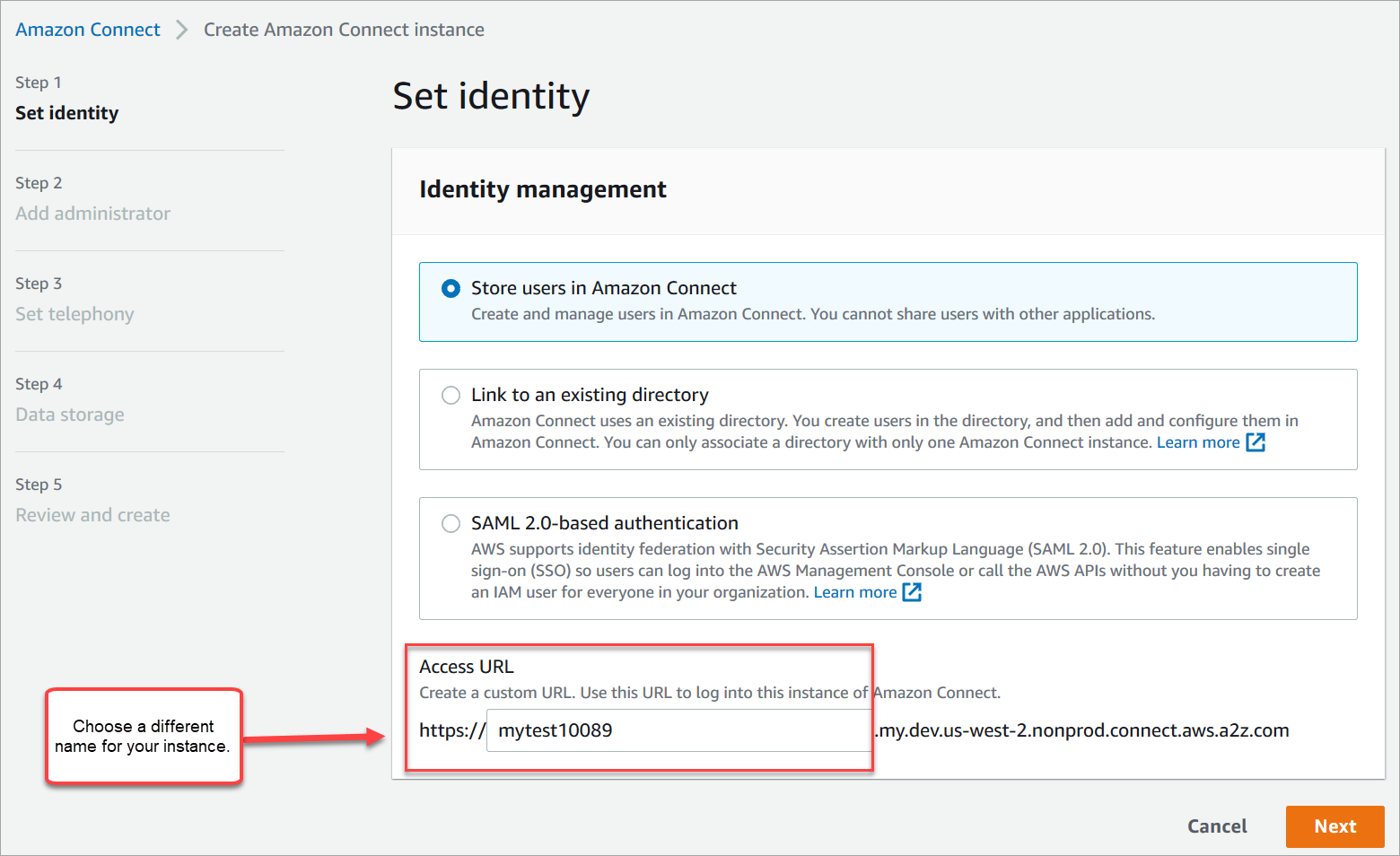 Halaman identitas set, URL kotak Access.