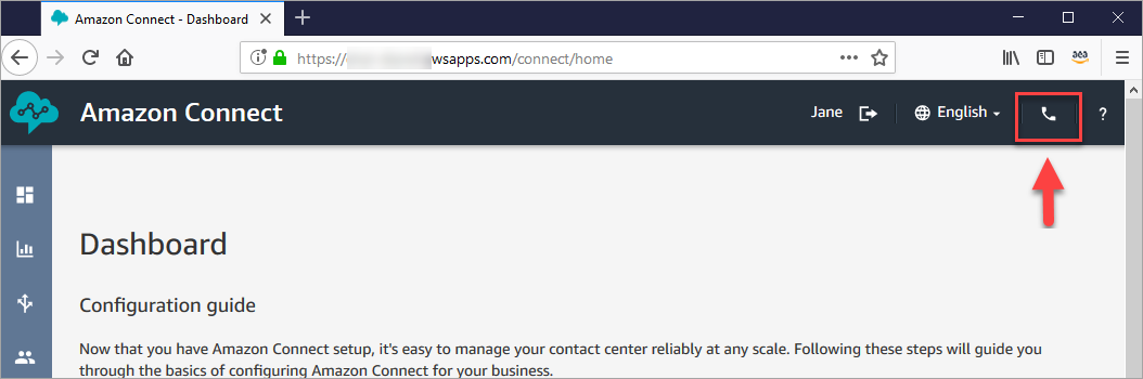 Phone icon in the top right corner of the Amazon Connect dashboard interface.