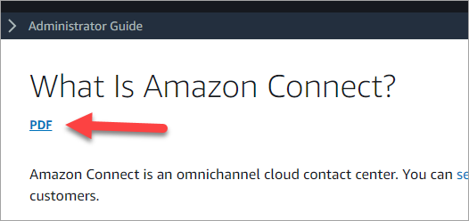 Halaman dalam dokumentasi Amazon Connect, tautan PDF di bawah judul halaman.