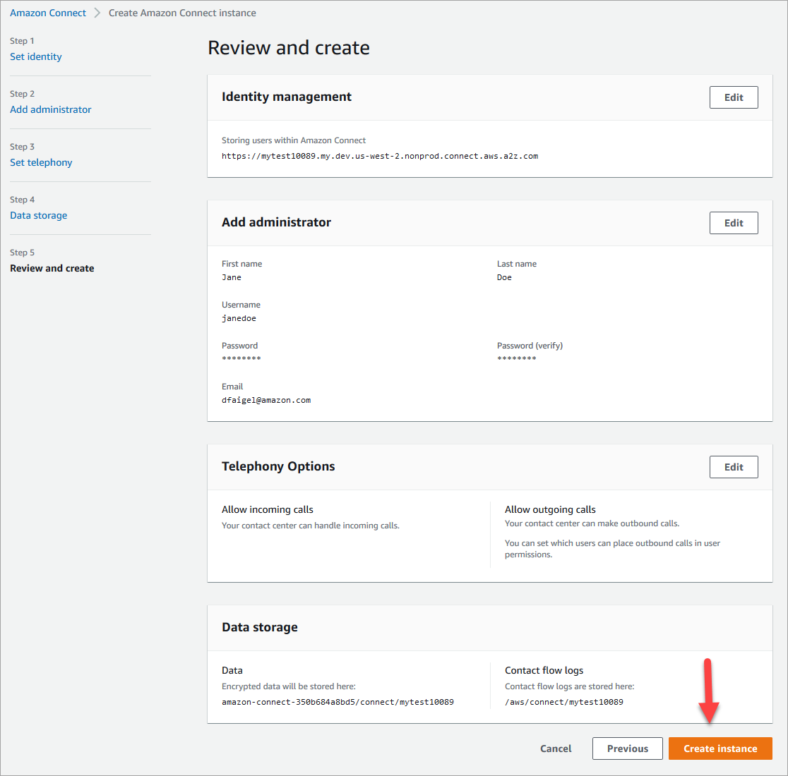 Halaman review dan create, tombol create instance.