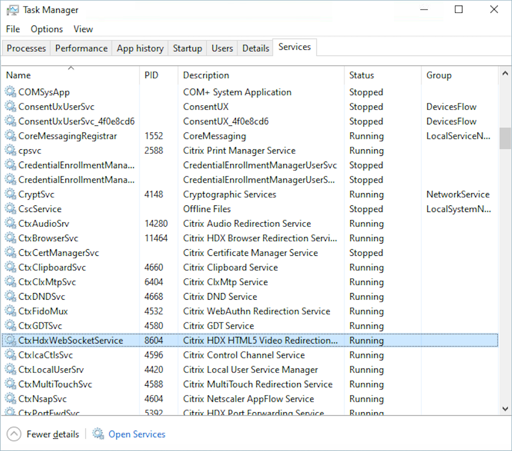 Menggunakan task manager di Windows untuk memulai ulang CitrixHdxWebSocketService.