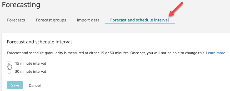 Halaman Forecasting, tab Forecasting dan interval jadwal, opsi interval 15 menit.