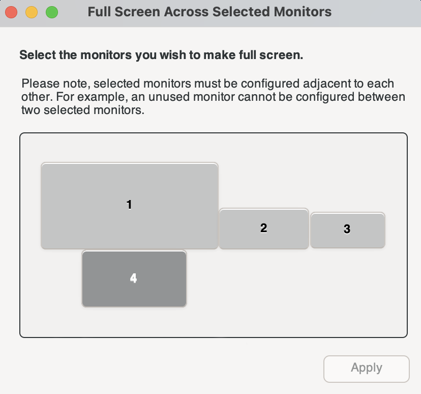 Monitor configuration interface showing four displays numbered 1 to 4 in different sizes and arrangements.