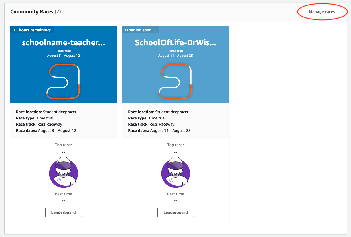 Mengelola perlombaan komunitas AWS DeepRacer Student.