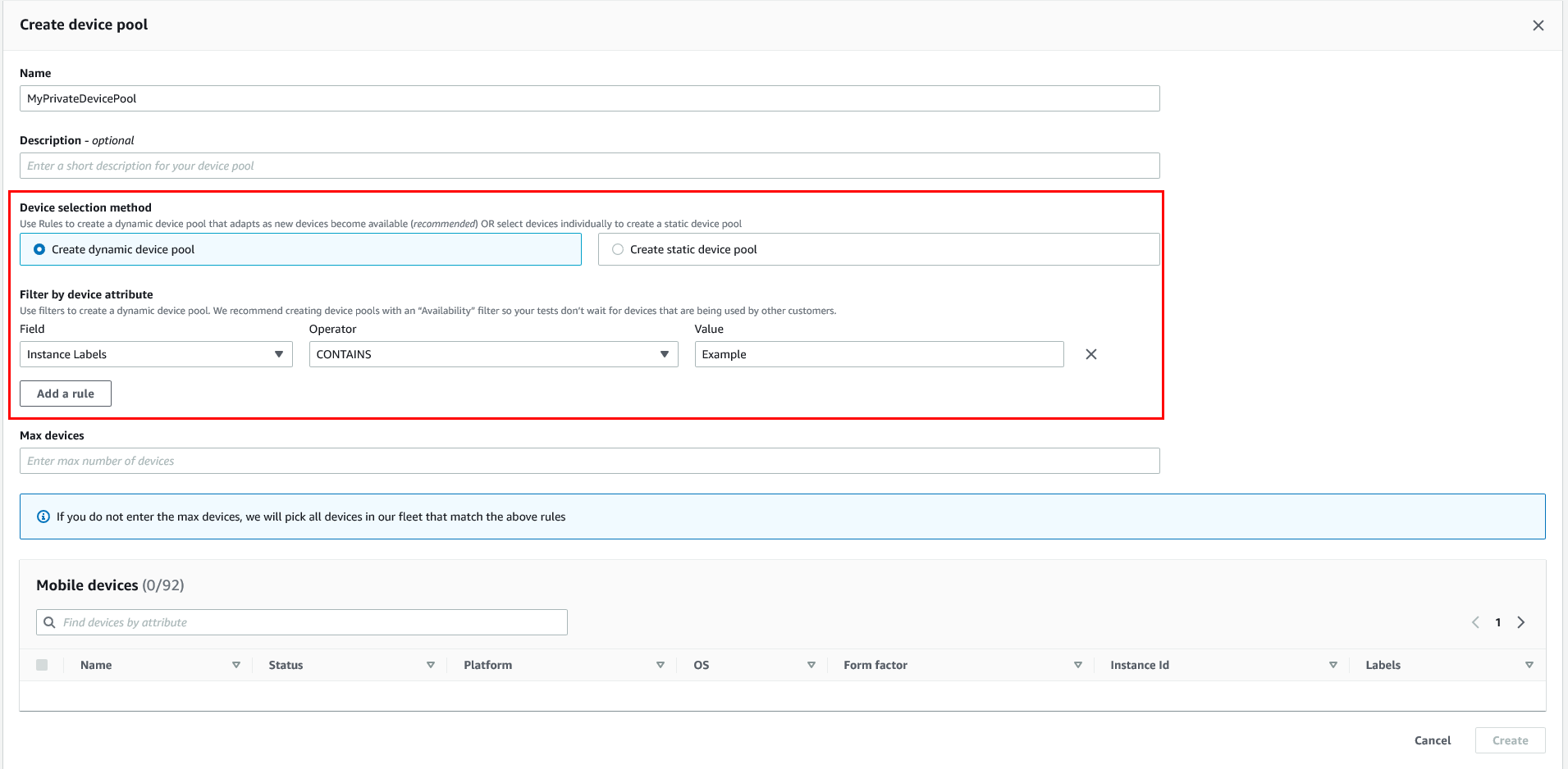 Device pool creation interface with dynamic selection method and attribute filter options.