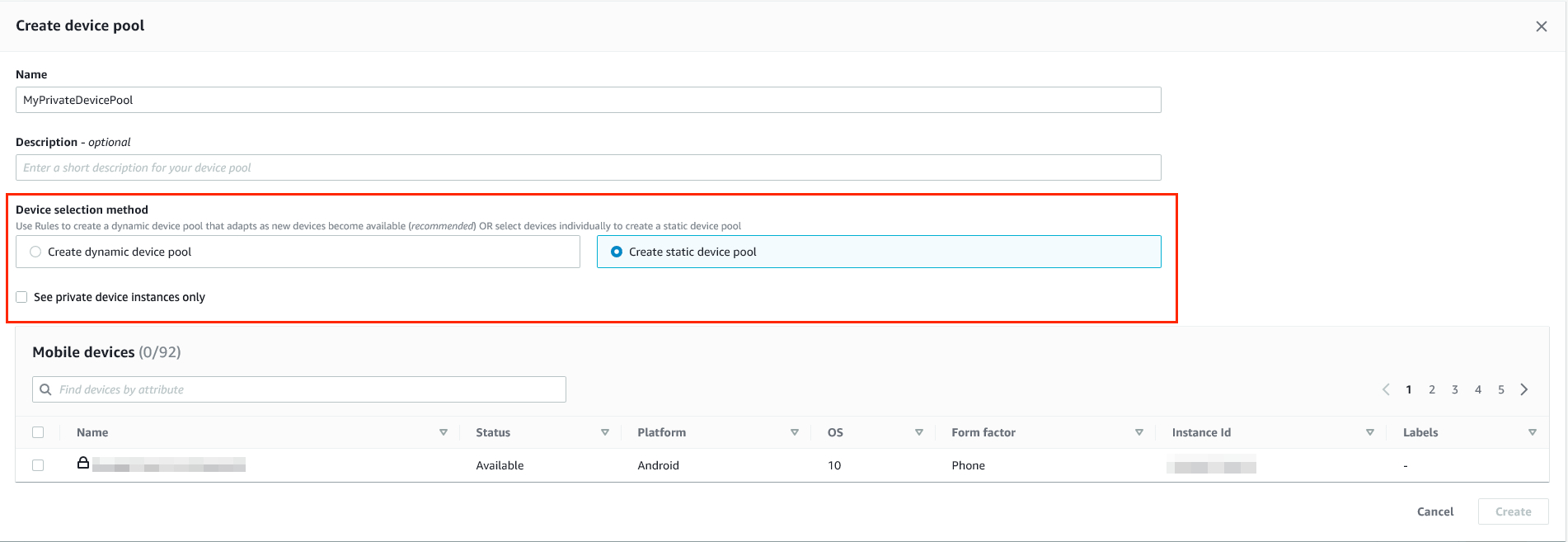 Device selection method options for creating a static or dynamic device pool.