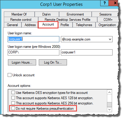 Kotak dialog Corp User Properties dengan opsi akun tidak memerlukan preotentikasi Kerberos disorot.