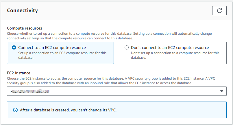 Connectivity settings for database with options to connect or not connect to an EC2 compute resource.