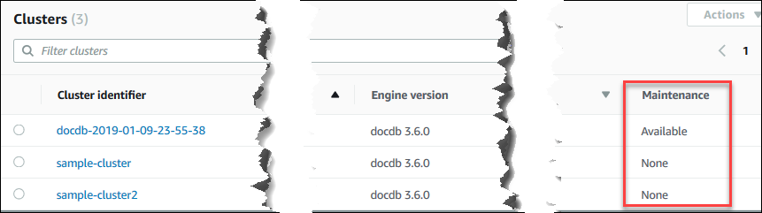 Cuplikan layar konsol yang menunjukkan bidang pemeliharaan klaster Amazon DocumentDB.