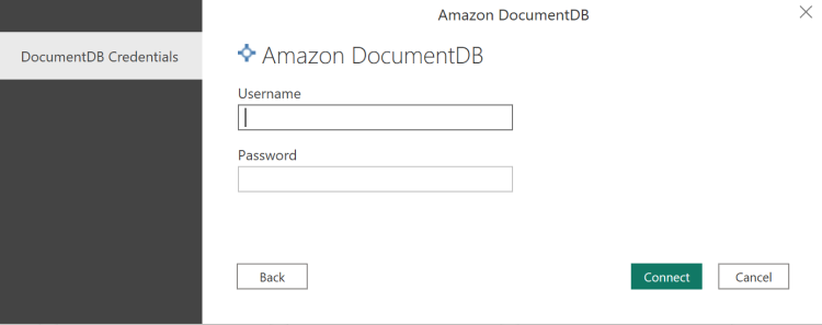 Amazon DocumentDB login interface with username and password fields, and Connect button.