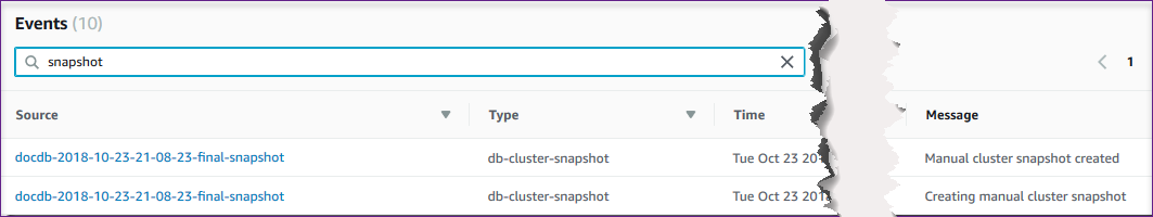 Bagian cuplikan layar peristiwa yang menampilkan filter peristiwa untuk snapshot.