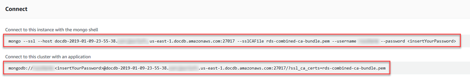 Cuplikan layar konsol yang menunjukkan bagian tersambung dengan mongo shell dan string koneksi aplikasi disorot.