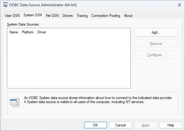 ODBC Data Source Administrator window showing empty System Data Sources list and options.