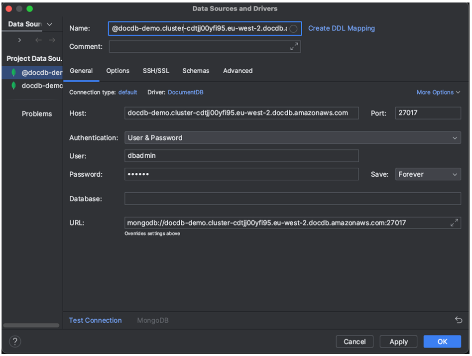 Host, port, otentikasi, database, dan bidang URL di tab Umum pada antarmuka Sumber Data dan Driver.