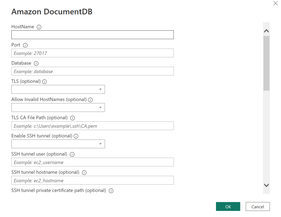Formulir dengan bidang input detail koneksi untuk cluster Amazon DocumentDB.