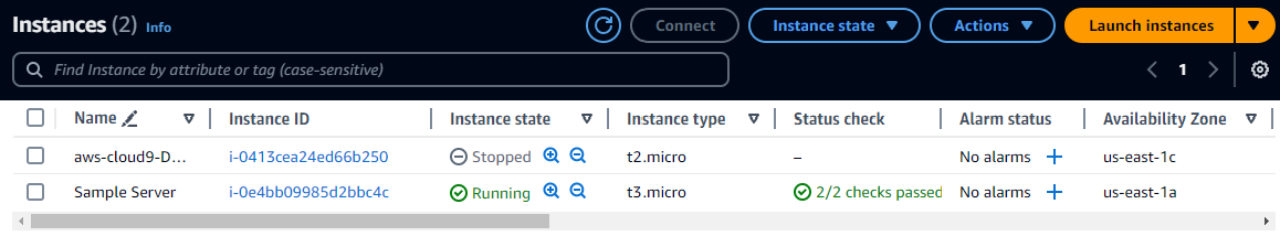 Tabel instans mencantumkan dua instance di konsol Amazon EC2.