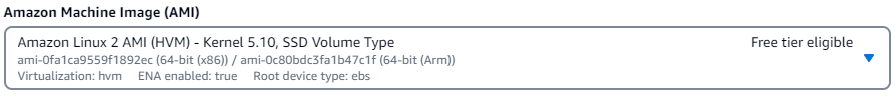 Antarmuka Aplikasi dan Gambar OS dengan opsi Amazon Linux 2 AMI yang dipilih di bagian Mulai Cepat.