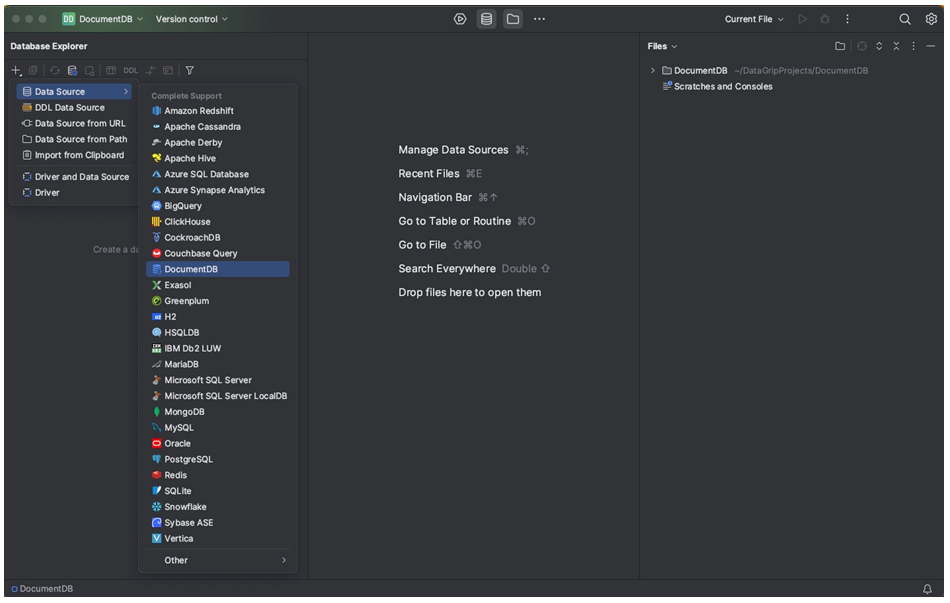 Daftar dropdown untuk+menunjukkan submenu Sumber Data. DocumentDB dipilih dari submenu itu.