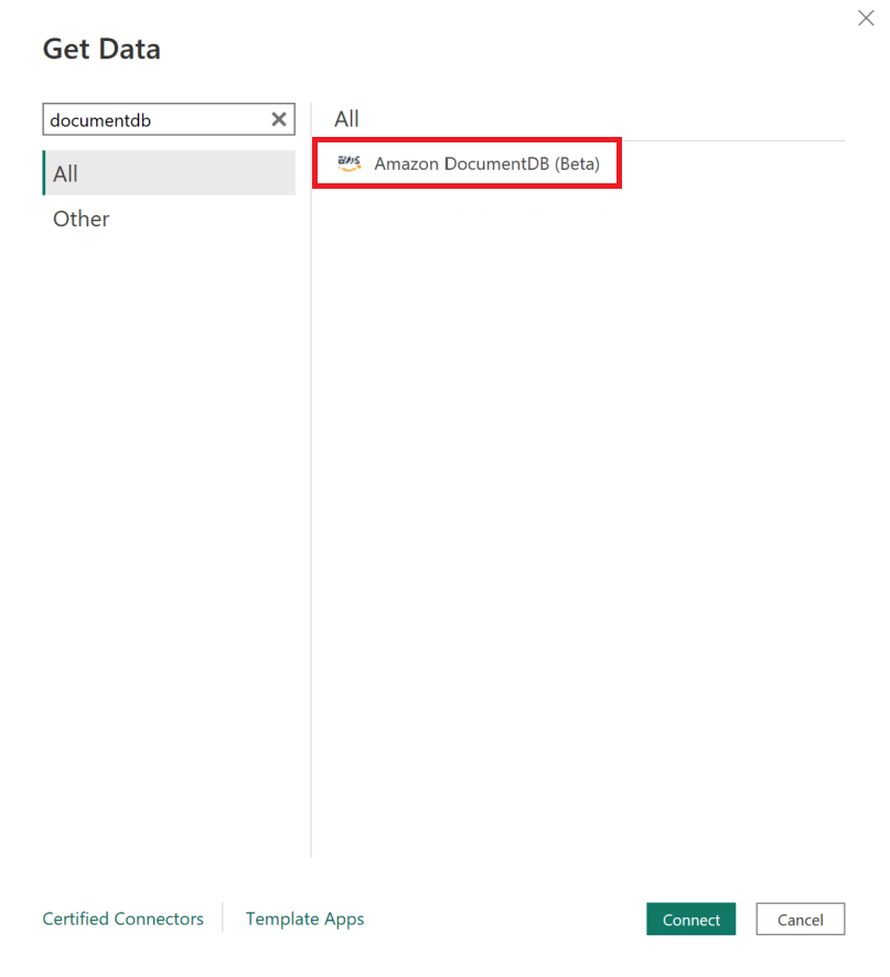 Antarmuka Dapatkan Data dengan opsi Amazon DocumentDB (Beta) disorot.