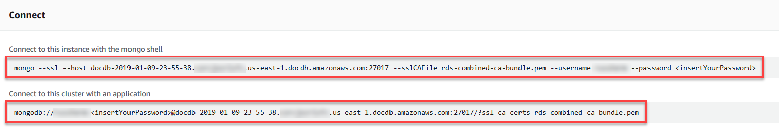 Tangkapan layar konsol yang menunjukkan bagian Connect dengan shell mongo dan string koneksi aplikasi disorot.