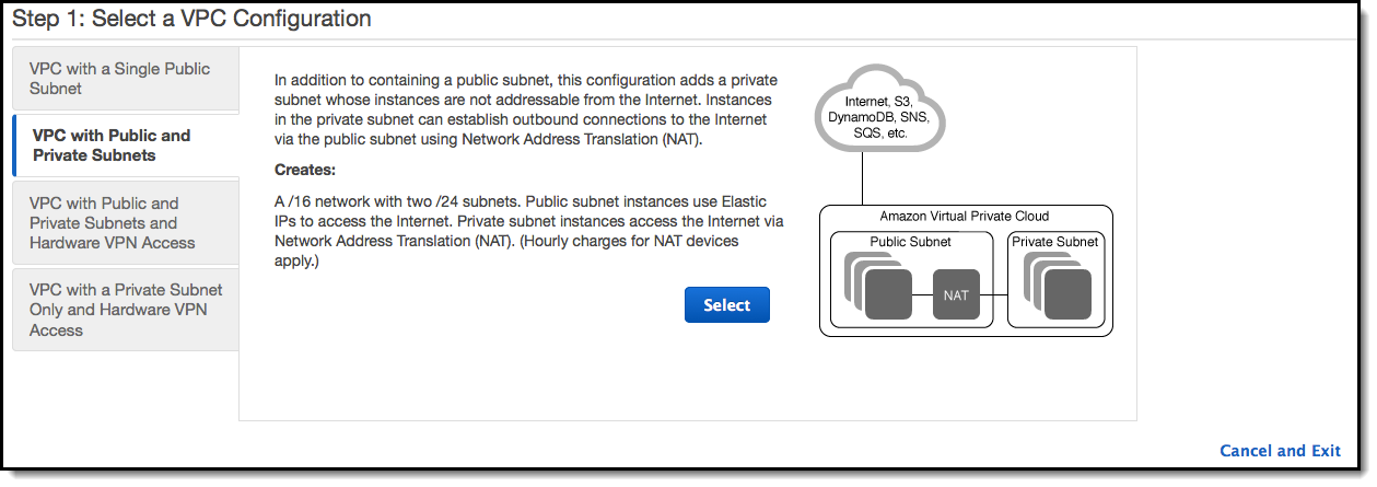 Pilih VPC dengan Subnet Publik dan Pribadi, lalu pilih Pilih.