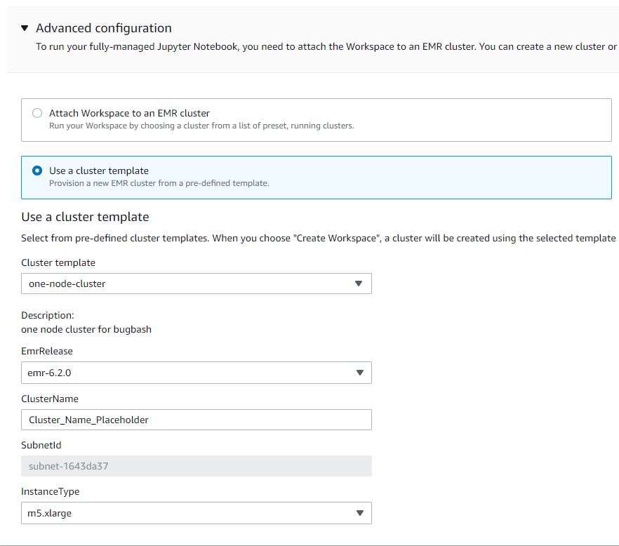 Screenshot dari input tambahan di antarmuka pengguna Studio saat pengguna memilih template cluster dengan parameter.