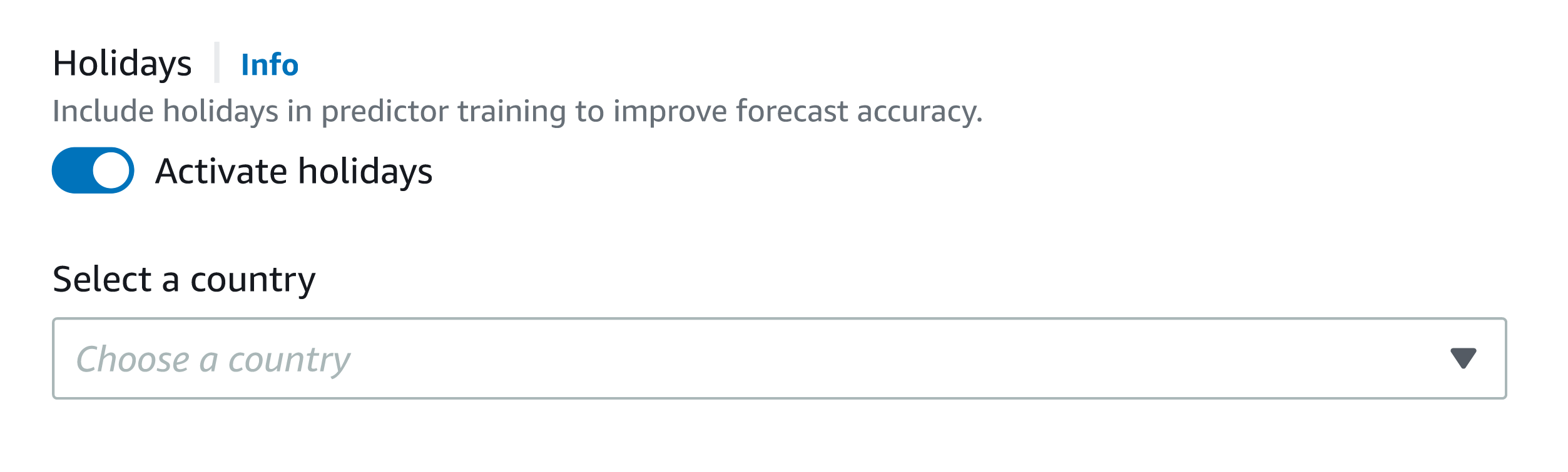 Toggle switch to activate holidays and dropdown menu to select a country for forecast accuracy.