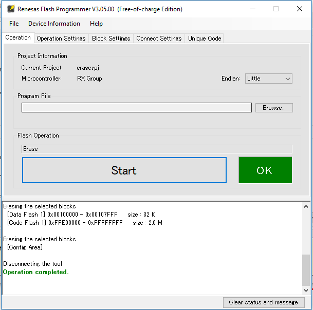 Jendela Renesas Flash Programmer yang menampilkan pengaturan operasi hapus, termasuk mikrokontroler RX Group, opsi untuk menelusuri file program, tombol Hapus dan Mulai, dan detail status pada blok yang dipilih untuk dihapus.