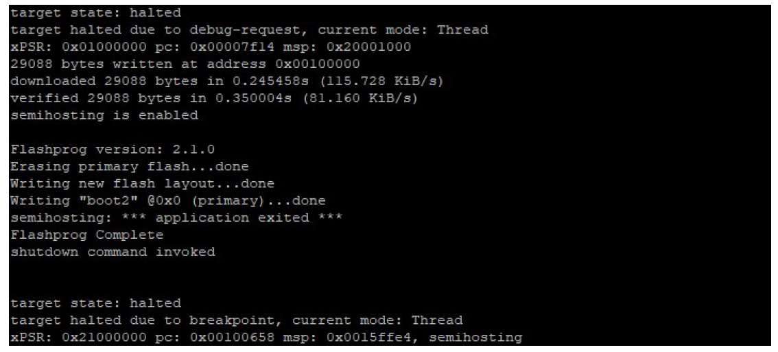 Output dari perintah untuk mem-flash elemen Layout dan boot2.