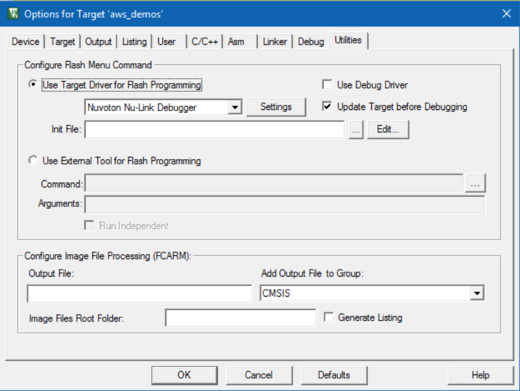 Jendela opsi yang menampilkan pengaturan konfigurasi untuk pemrograman flash, debugging, dan pemrosesan file output.