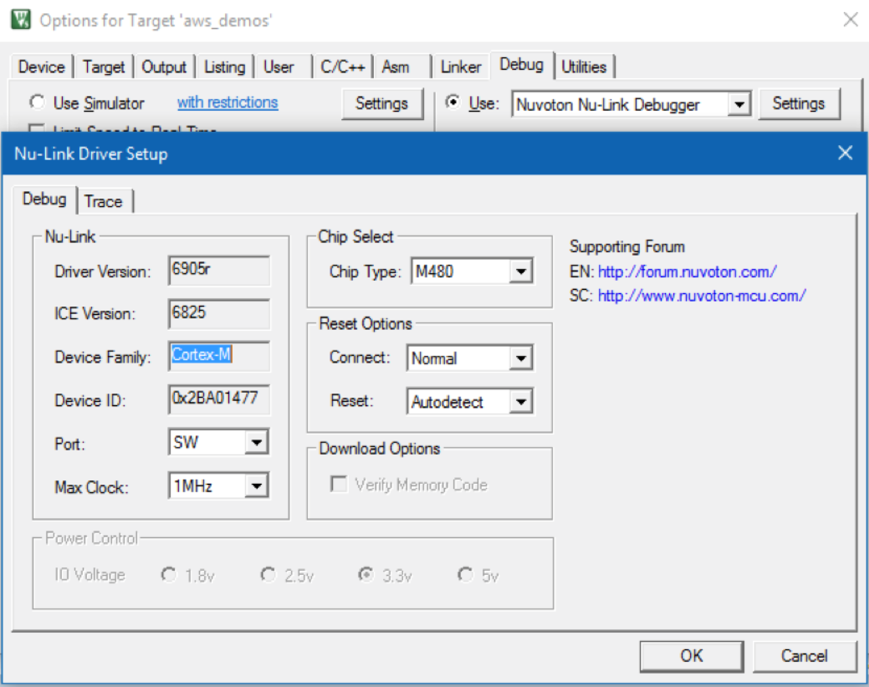 Dialog pengaturan Nu-Link Debugger dengan opsi untuk versi driver, versi ICE, keluarga perangkat, ID perangkat, port, jam maks, jenis chip, mode koneksi, opsi reset, dan tegangan kontrol daya.