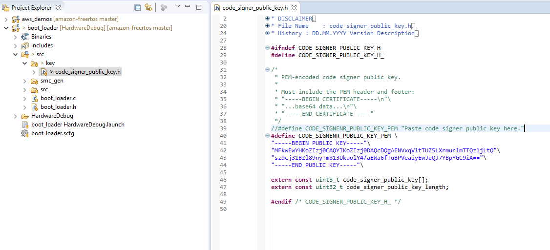 Editor kode menampilkan file header C dengan definisi untuk CODE_SIGNER_PUBLIC_KEY dan variabel kunci publik penandatangan kode yang disandikan PEM.