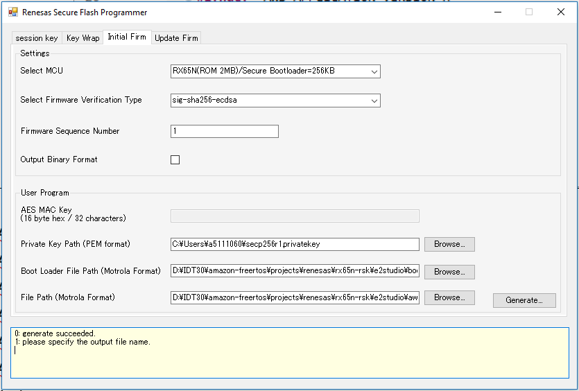 Jendela Renesas Secure Flash Programmer dengan MCU, verifikasi firmware, nomor urut, jalur kunci AES, dan bidang jalur file.