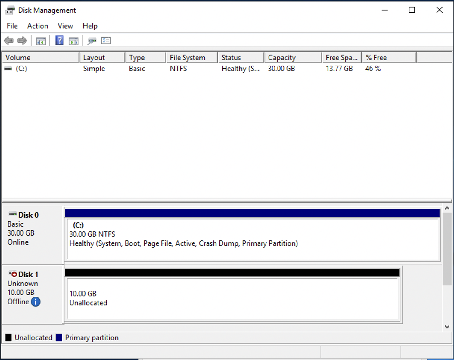 Jendela Windows Disk Management ditampilkan.