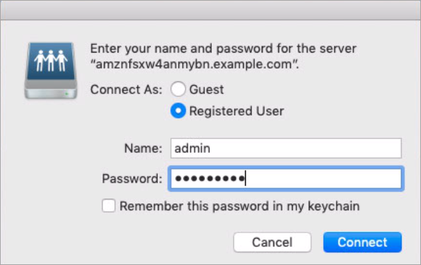 Tangkapan layar koneksi Mac menunjukkan cara memasukkan kredensial pengguna untuk panel sistem file.