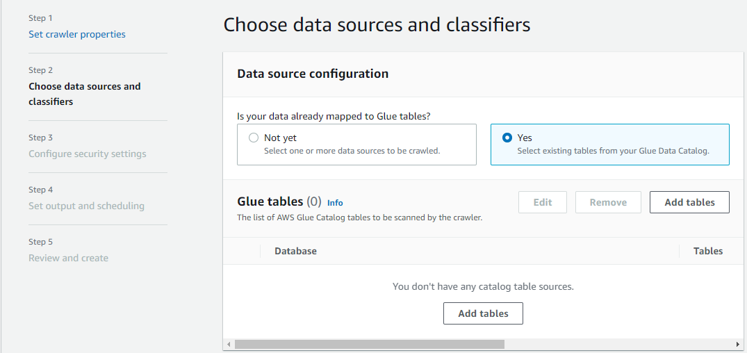 Data source configuration interface with options to select existing Glue tables or add new ones.