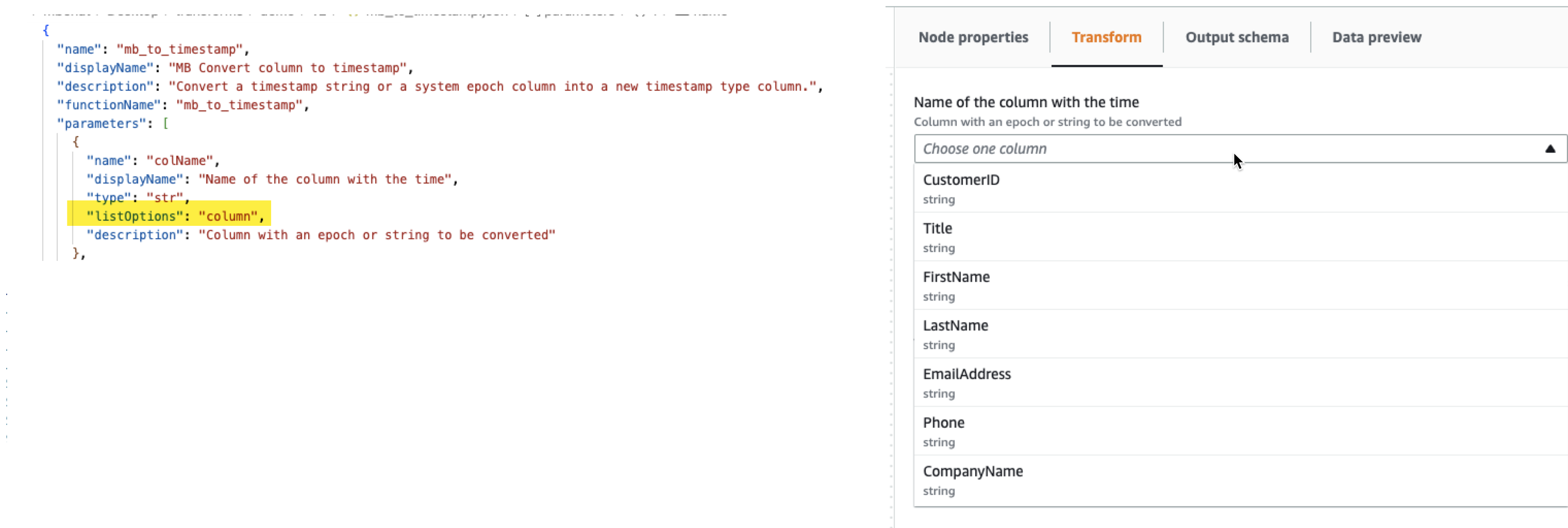 Tangkapan layar menunjukkan contoh file JSON dengan parameter ListOptions diatur ke “kolom” dan antarmuka pengguna yang dihasilkan di In. AWS Glue Studio