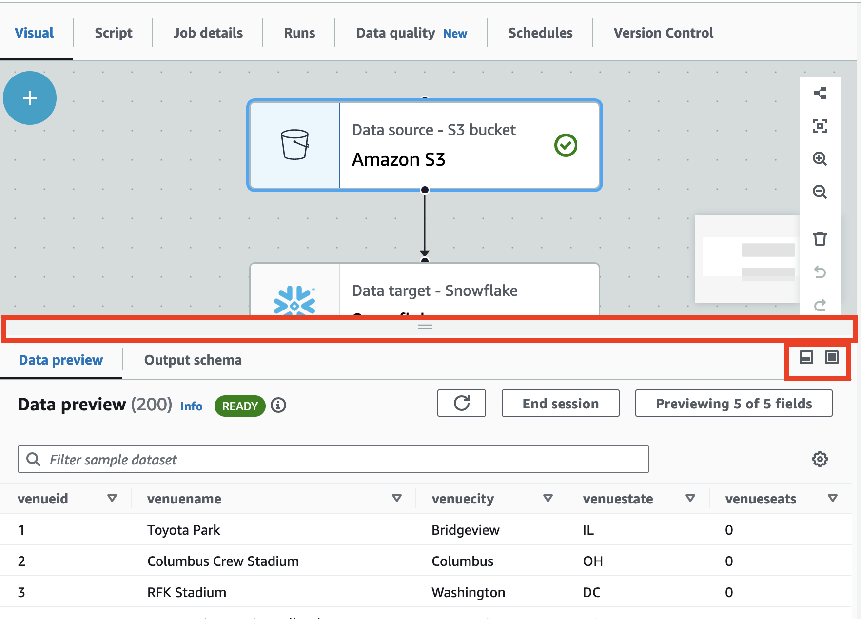 Tangkapan layar menunjukkan panel pratinjau data dengan tombol minimalkan dan maksimalkan yang disorot, serta panel pegangan yang dapat Anda gunakan untuk memperluas panel pratinjau data secara vertikal.