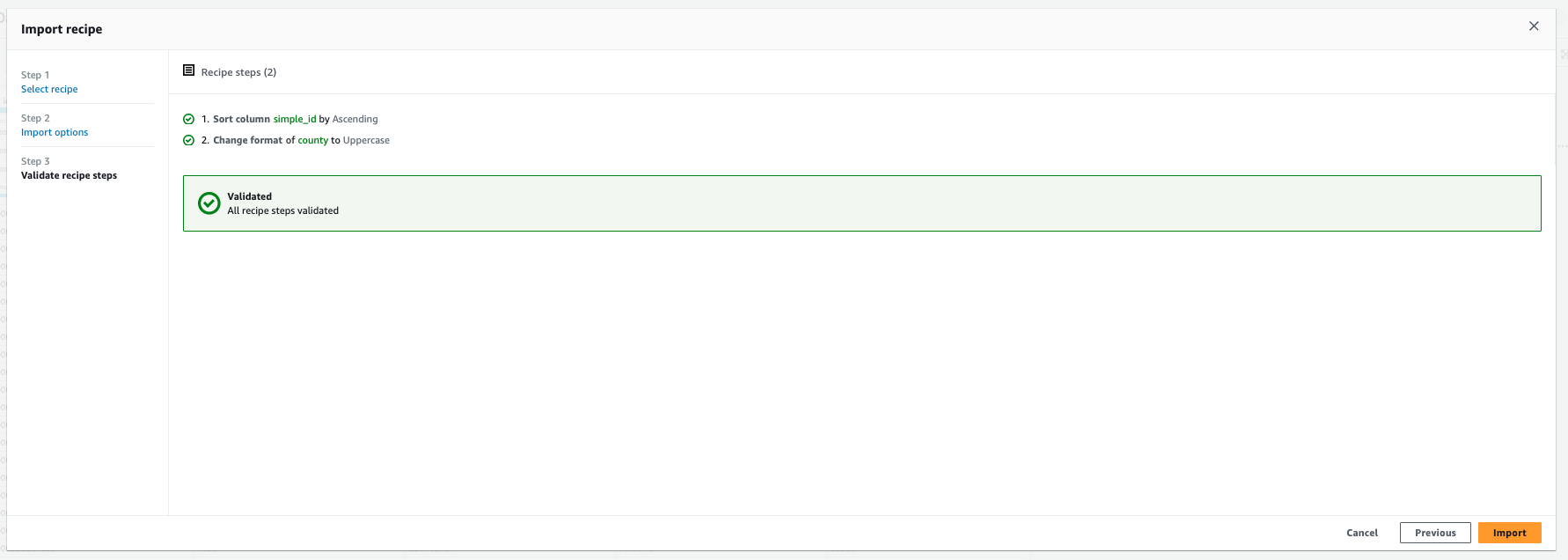 Import recipe interface showing validated steps for sorting and formatting data.