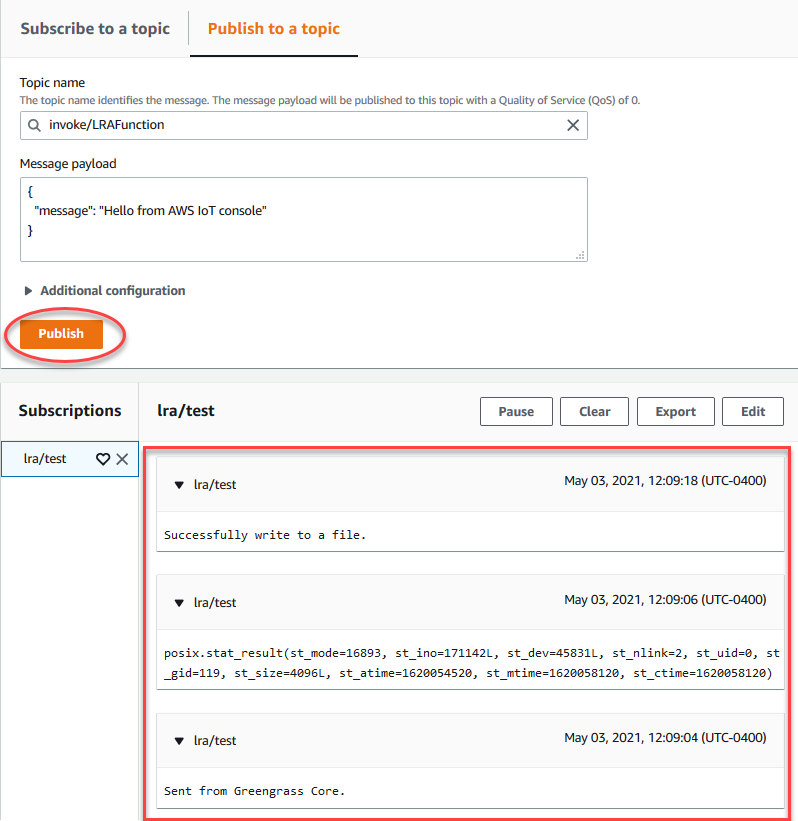 Halaman Langganan dengan topik memanggil/LRAFunction dan Publikasikan ke topik yang disorot, dan hasil tes dengan data pesan.