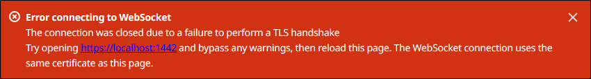 Kesalahan WebSocket TLS jabat tangan di konsol debug lokal.