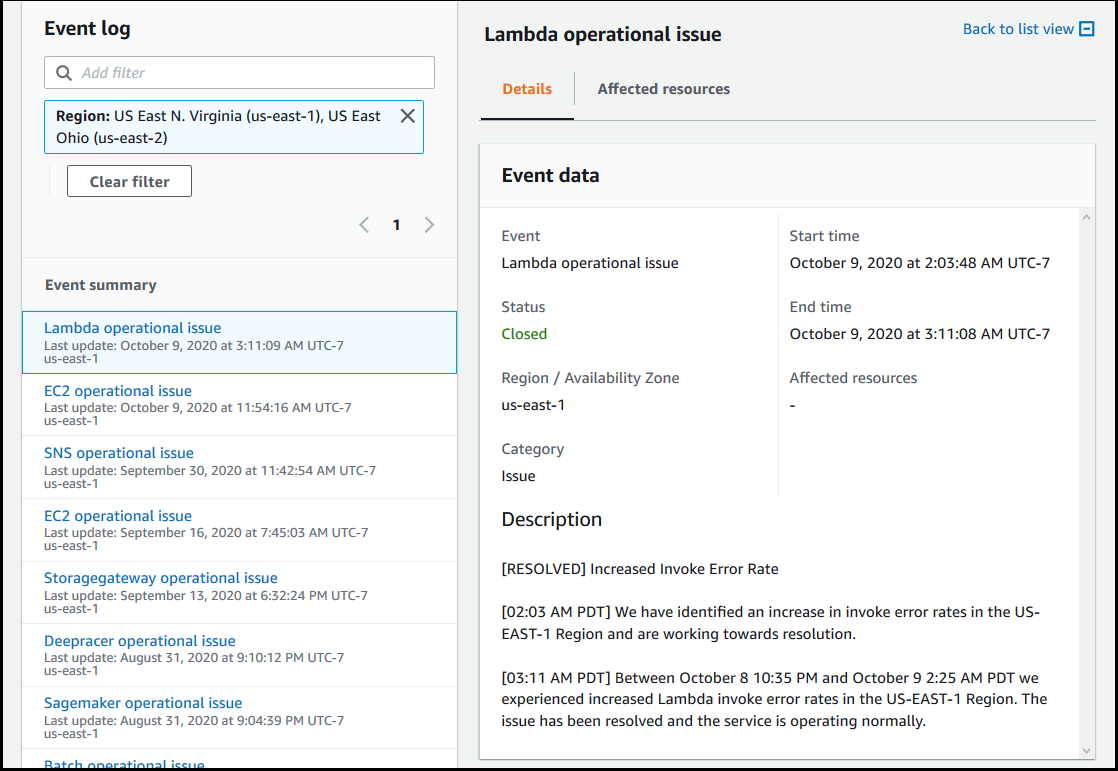 Tangkapan layar panel detail untuk peristiwa di konsol AWS Health .