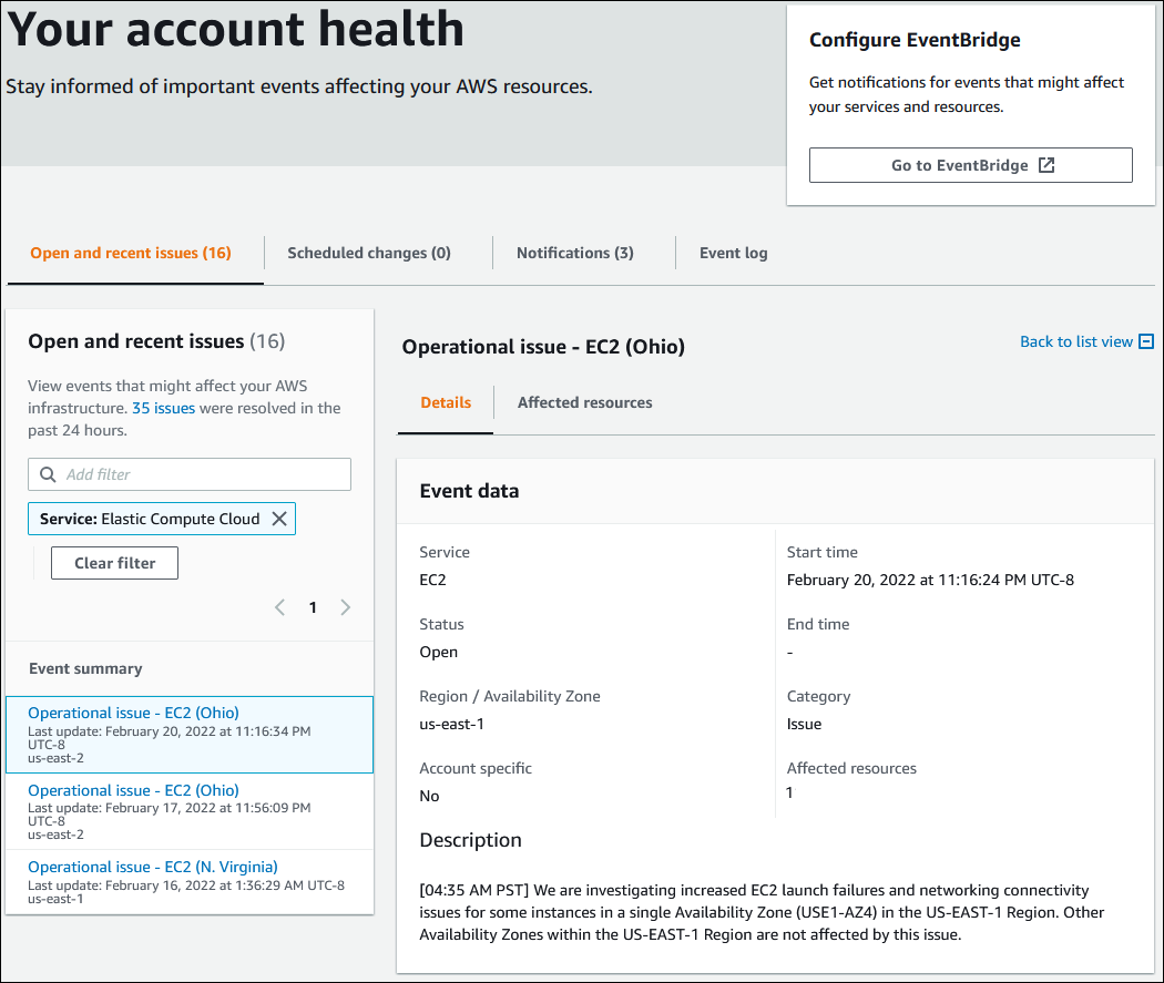 Tangkapan layar acara akun Anda di AWS Health konsol.