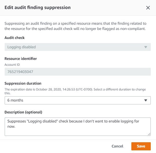 Edit dialog penekanan pencarian audit dengan opsi untuk menekan pemeriksaan “Logging disabled” untuk sumber daya tertentu selama 6 bulan dan bidang deskripsi.