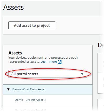 Halaman “Aset”, dengan daftar drop-down proyek dipanggil.